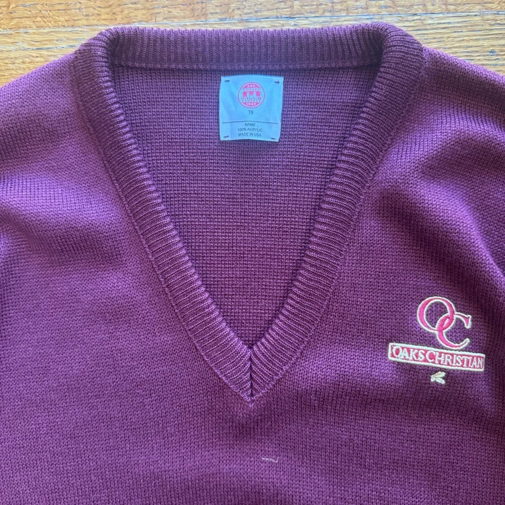 Mills Uniform Company Oaks Christian School V-Neck Sweater Maroon Teen Small